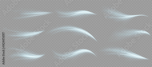 Curved neon waves rotate in high-speed light spiral. Frost wind texture moves gently in transparent swirl. Winter air streams flicker like glowing icy ribbon. Blizzard sparkles radiate cold