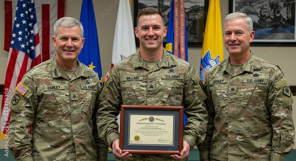 Three men in uniform are standing and holding a certificate. Military award ceremony celebrating achievement and service honoring dedication to duty and valor for military concept.