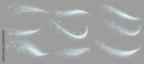 Curved neon waves rotate in high-speed light spiral. Frost wind texture moves gently in transparent swirl. Winter air streams flicker like glowing icy ribbon. Blizzard sparkles radiate cold