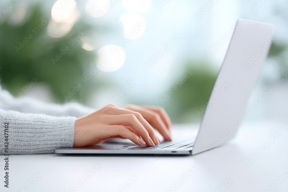 Fototapeta premium person sits at clean minimalistic workspace with laptop surrounded by natural light and greenery