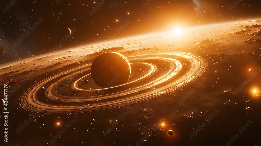 Fototapeta premium Planet with Rings Illuminated by Distant Sun, A stunning view of a planet with rings in space, illuminated by a distant sun