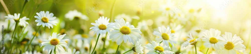 Fototapeta premium Easter eggs that have colorful designs on them in a meadow of green grass under a sunny backdrop.