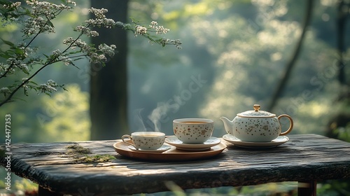 Delicate bone china tea set arranged a wooden table in a forest setting The soft natural light filtering through the trees creates a peaceful serene ambiance highlighting the fine details of the china