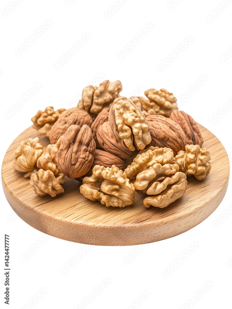 Walnuts on wooden round tray isolated on transparent background high quality PNG Walnuts on wooden round tray isolated on transparent background high quality PNG