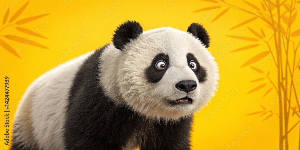 Obraz premium Surprised Panda Bear on Yellow with Bamboo, Cute , Animal