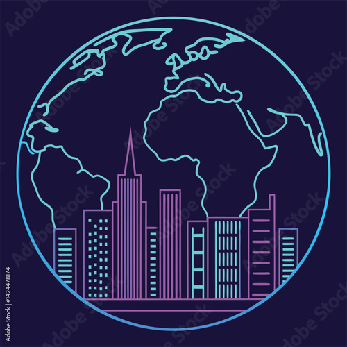 Global Cityscape: A Neon-Line Illustration of Earth and Urban Skyline