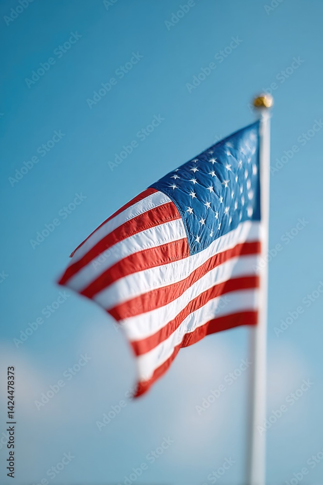 Obraz premium solitary american flag gently flutters against vast clear blue sky symbolizing memorial day remembrance