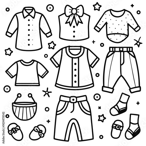 Cute Baby Clothes Line Art Illustrations for Coloring Book