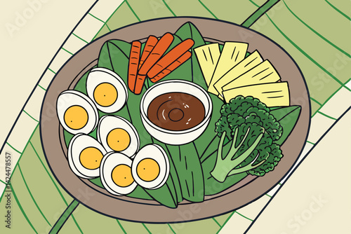 47 Overhead view, circular plate, healthy vegetable platter, soft-boiled eggs, sliced carrots, broccoli florets, lettuce leaves, yellow bell pepper strips, central bowl of brown dip sauce, vibrant col