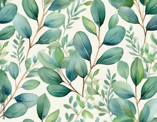 watercolor seamless pattern with eucalyptus branches and leaves botanical art