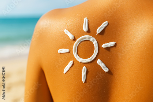 Obraz na płótnie Sun shape drawn with sunscreen on tanned skin. Summer skincare and sun protection. w salonie