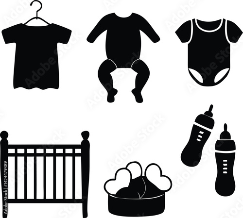 Baby Essentials Icons Clothing, Crib, and Feeding Bottles