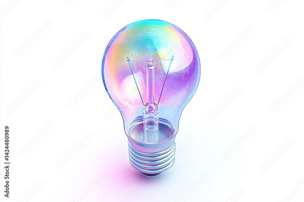 A vibrant iridescent lightbulb radiating imaginative energy and creative inspiration with a soft, clean white background. A vibrant iridescent lightbulb radiating imaginative energy and creative inspiration with a soft, clean white background.