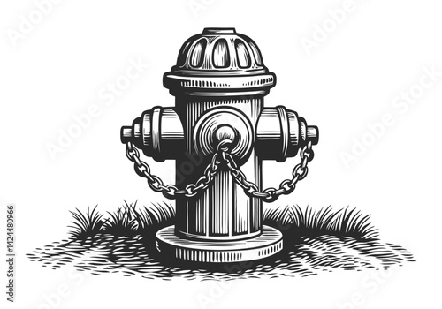 : Vintage black and white woodcut illustration of a fire hydrant with chains and textured urban design
