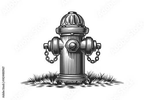: Vintage black and white woodcut illustration of a fire hydrant with chains and textured urban design

