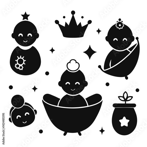 Cute Baby Icons Set Stars, Crowns, Bathtime, Plants