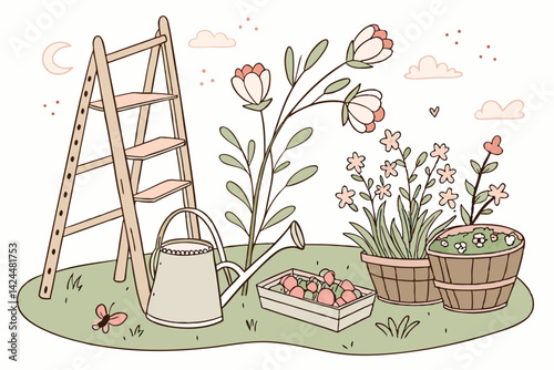 garden scene with ladder, flowers, watering can clip art preview