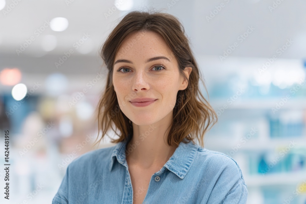 Fototapeta premium minimalistic scene of store environment with consultant ready to assist customers consultant stands confidently with