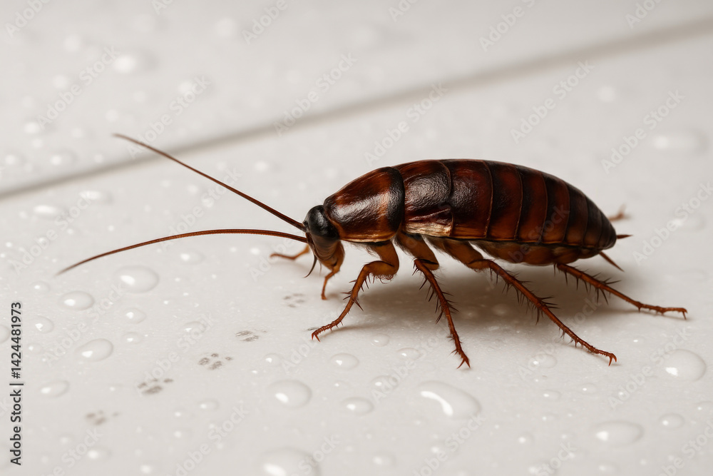 Detailed macro photo of a cockroach walking on a wet bathroom floor. Perfect for pest control, hygiene, and infestation-related topics. Cockroach on wet bathroom tile close-up
Detailed macro photo of a cockroach walking on a wet bathroom floor. Perfect for pest control, hygiene, and infestation-related topics. Cockroach on wet bathroom tile close-up