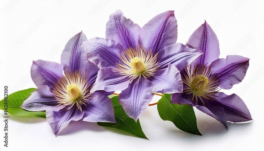 Obraz premium stunning clematis flowers with lush green leaves isolated against a white background for a fresh and bright floral display clematis flowers isolated on white background