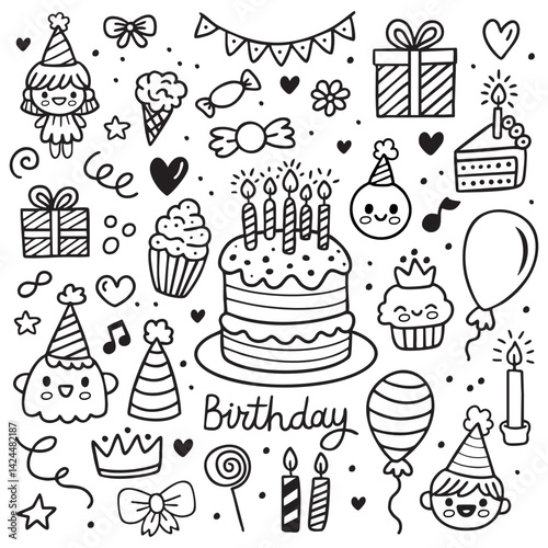 Set of party doodle. Sketch of Birthday decoration, gift box, cake, party hats in sketch style. Hand drawn vector illustration isolated on white background.