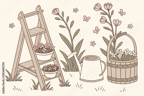 49 Garden elements, watercolor illustration, floral arrangements, wooden plant stand, watering can, garden trowel, pastel colors, delicate flowers, rustic charm, spring blossoms, potted plants, hangin