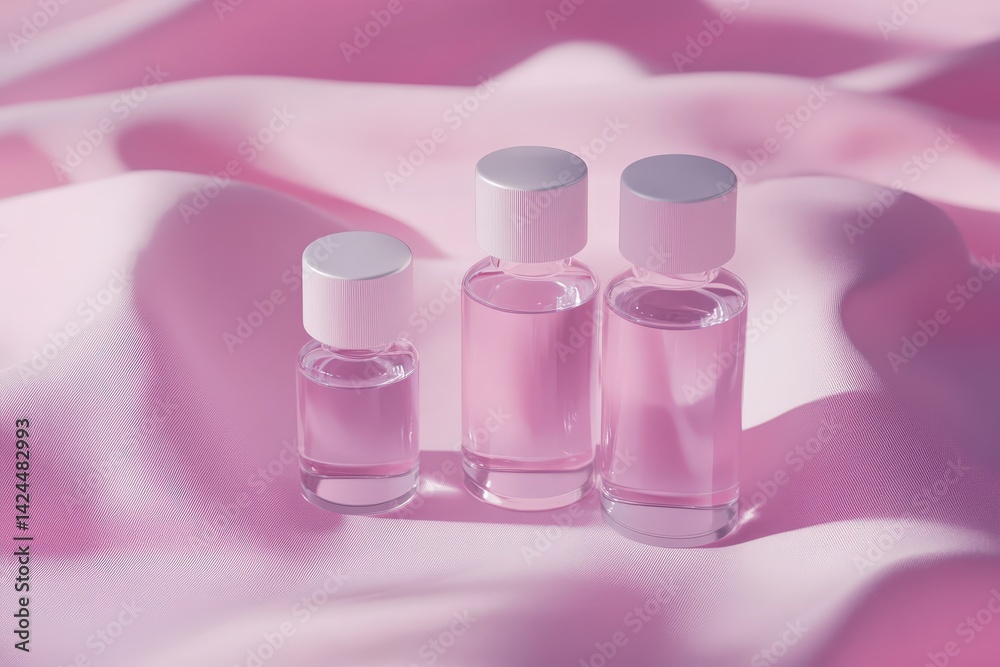 Three small, translucent bottles of liquid, elegantly displayed on a soft pink fabric backdrop. Three small, translucent bottles of liquid, elegantly displayed on a soft pink fabric backdrop.