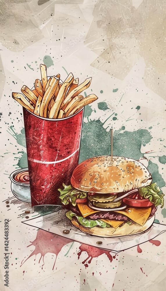Gourmet Burger and Fries Illustration for Food Truck Promotional Design