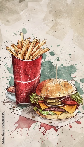 Obraz na płótnie Gourmet Burger and Fries Illustration for Food Truck Promotional Design w salonie