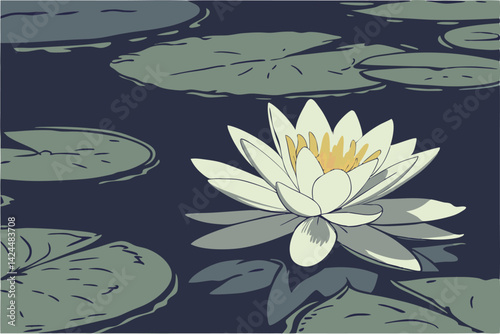 50 water lily, white petals, yellow center, dark water, lily pads, serene, botanical, close-up, high contrast, nature photography, zen, tranquil pond, elegant flora, aquatic plants, soft lighting, det
