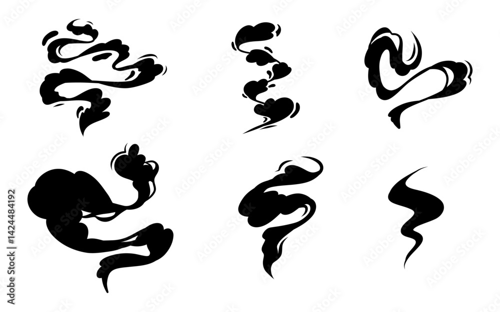 Set of cartoon steam clouds and white smoke. Vector illustration of fog, mist, and vapor effects for design, advertising posters, menus, and web graphics. Set of cartoon steam clouds and white smoke. Vector illustration of fog, mist, and vapor effects for design, advertising posters, menus, and web graphics.