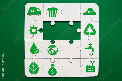 Environmental Solutions Puzzle with Green Icons. interconnected environmental concepts. World environment day. Sustainable Business Practice concept. ESG concept. Earth Day concept