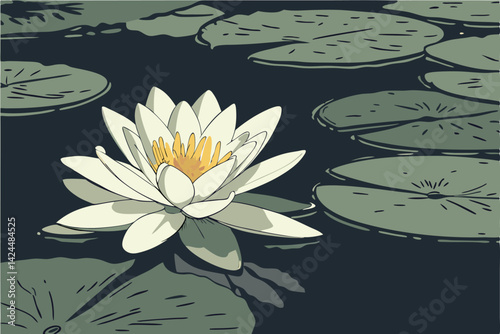 50 water lily, white petals, yellow center, dark water, lily pads, serene, botanical, close-up, high contrast, nature photography, zen, tranquil pond, elegant flora, aquatic plants, soft lighting, det
