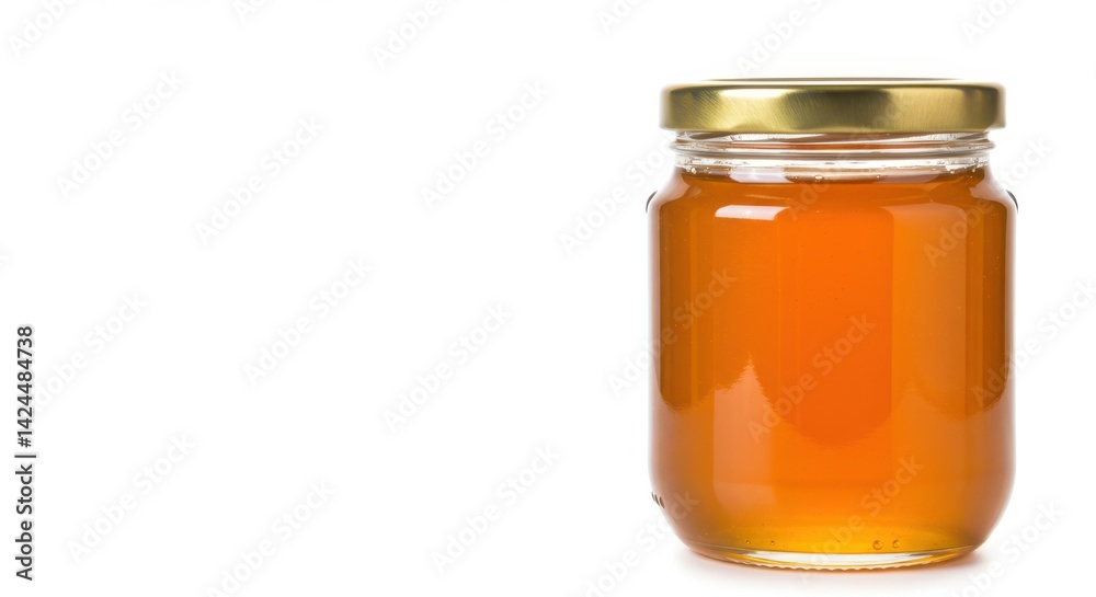Jar filled with honey displayed on white background Jar filled with honey displayed on white background