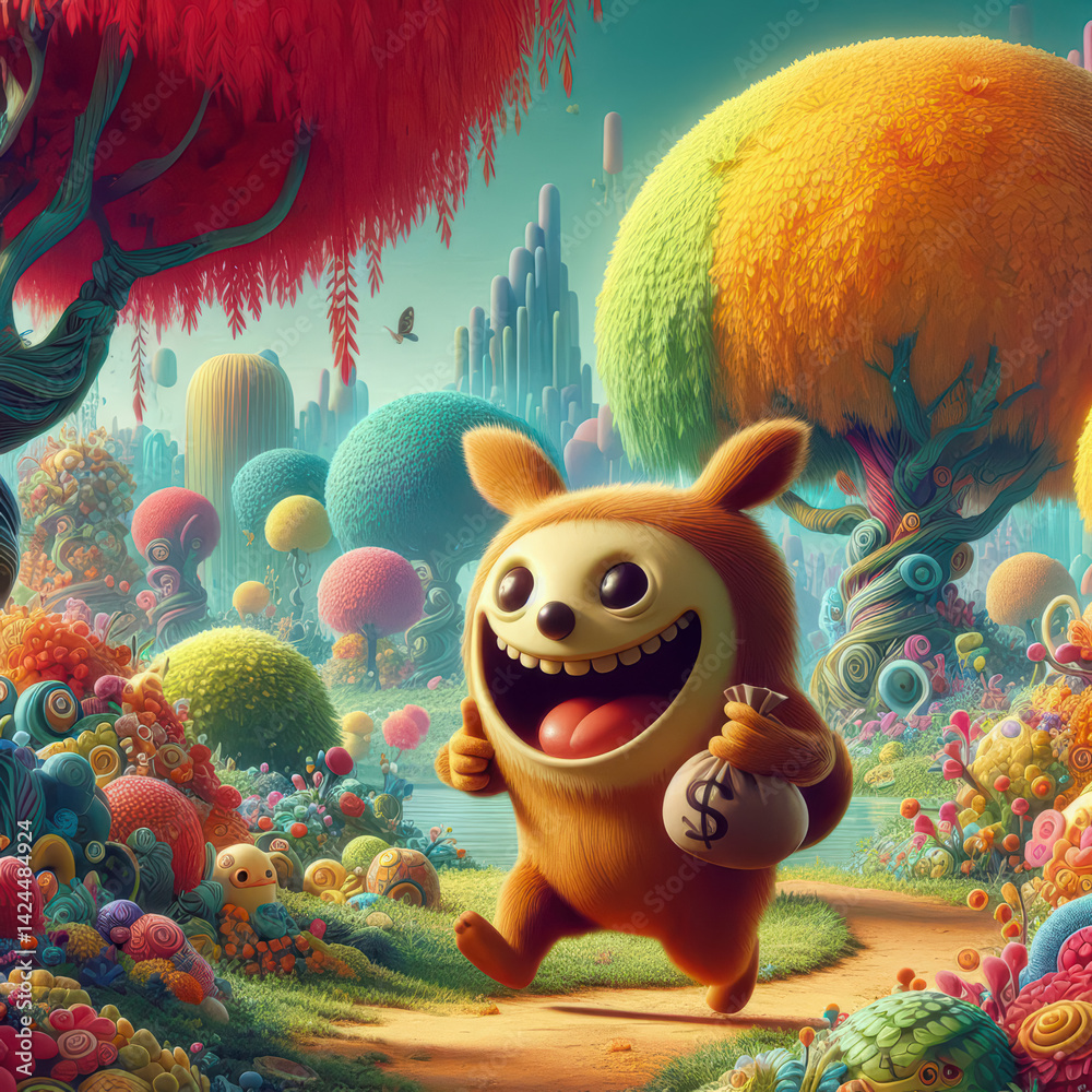 Naklejka premium Happy cartoon character running joyfully through a vibrant fantasy landscape with colorful trees and playful hills