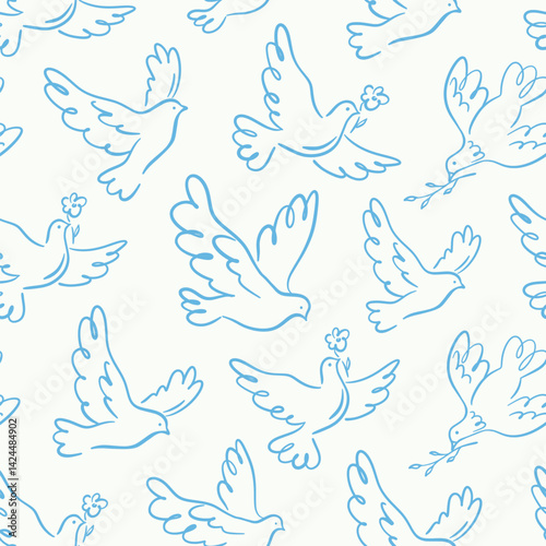  Seamless pattern with whimsical flying doves. Hand-drawn linear bird ornament in blue on light background. Vector playful design for wallpaper, textile, wrapping paper, banner