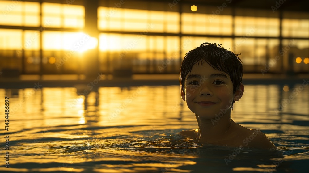 In the pool, a boy with cerebral palsy floats with the assistance of a therapist, while sunlight brightens the water In the pool, a boy with cerebral palsy floats with the assistance of a therapist, while sunlight brightens the water