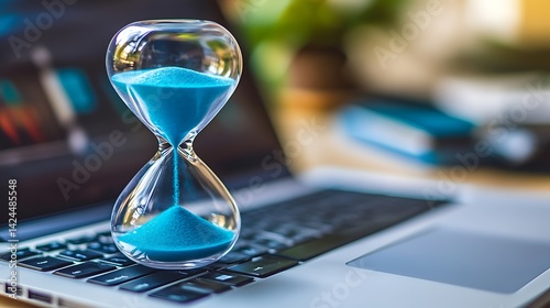 Blue Sand Hourglass on Desk with Laptop, A blue sand hourglass on a desk with a blurred laptop in the background