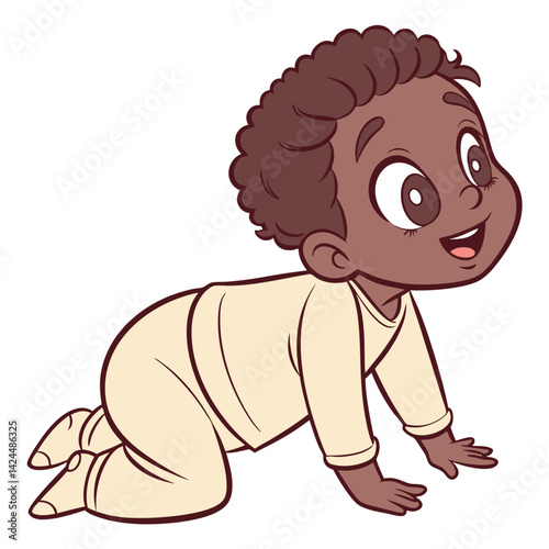 Happy African American Baby Boy Crawling Cartoon Illustration
