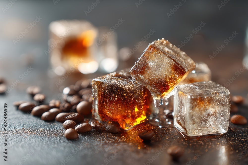 Macro Shot of Melting Ice Cubes in Cold Brew Coffee with Caramel and Coffee Beans Macro Shot of Melting Ice Cubes in Cold Brew Coffee with Caramel and Coffee Beans