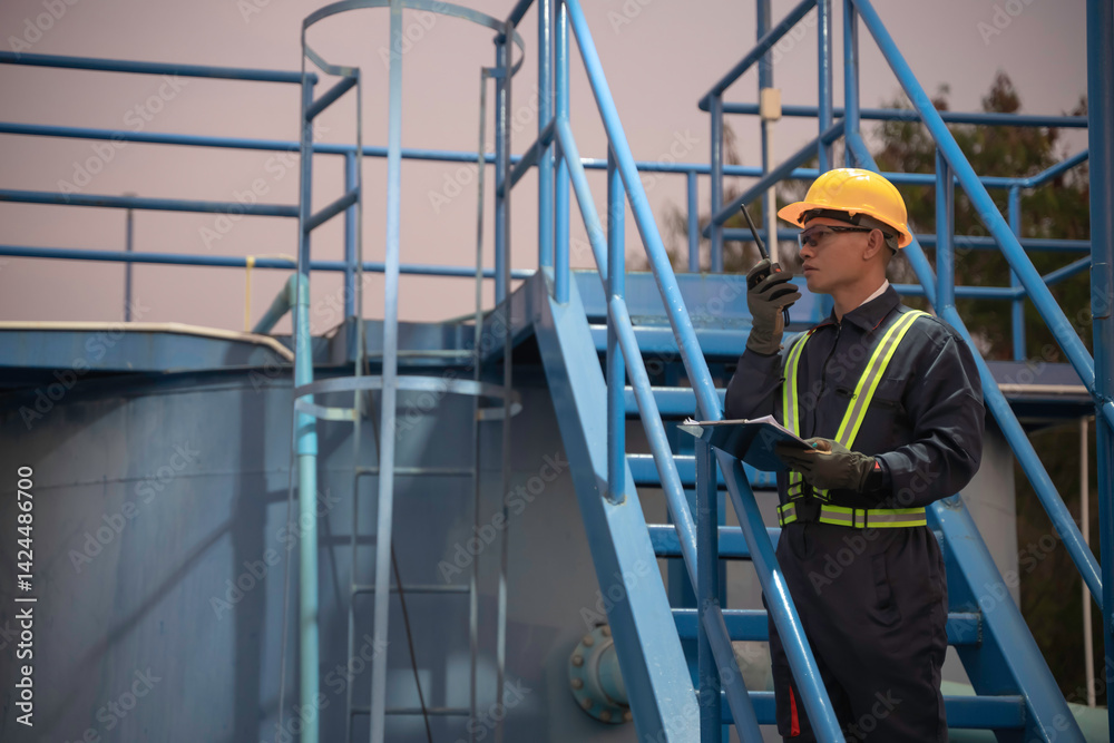 Petrochemical engineer working at petroleum oil refinery industry area. Industrial technician worker maintenance inspect manufacturing energy power gas system at factory.
