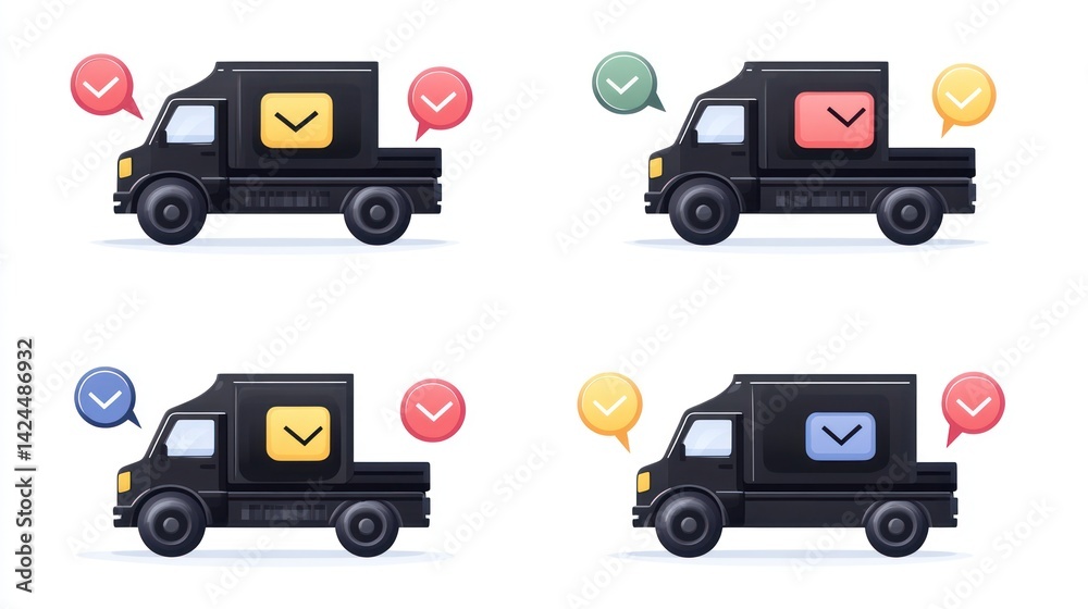 Four delivery trucks, successful delivery, white background, logistics Four delivery trucks, successful delivery, white background, logistics