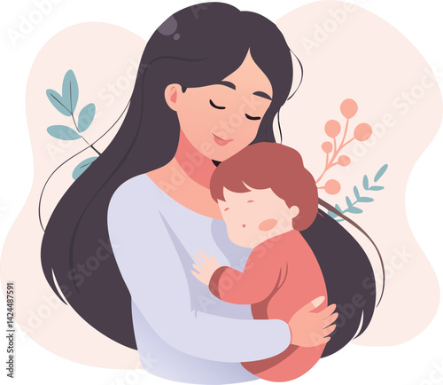 Tender Mother Holding Sleeping Baby Illustration