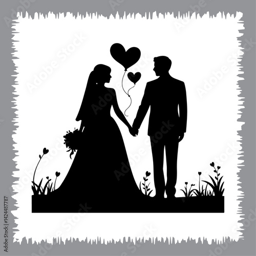 Silhouette of bride and groom dancing at their wedding in a romantic and beautiful illustration