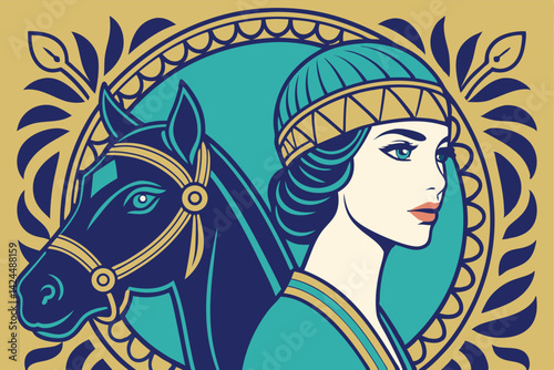 Mythical Horse and Figure in Ornamental Circle Regal Teal and Gold Illustration