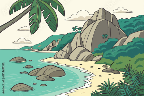 51 Tropical paradise, crystal clear turquoise water, smooth granite boulders, rocky shoreline, pristine beach, Seychelles-inspired landscape, shallow ocean floor, sunlit underwater scene, natural rock
