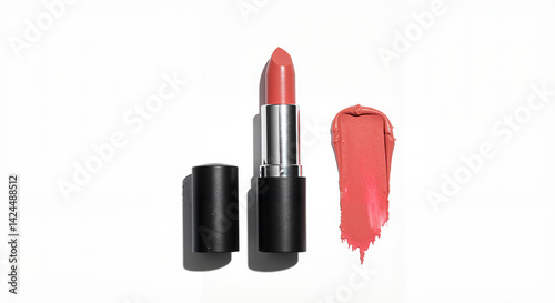  Lipstick tube with cap off, smeared color next to it on white surface bright neutral lighting, bold and modern look