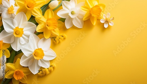 white and yellow spring flowers on yellow background