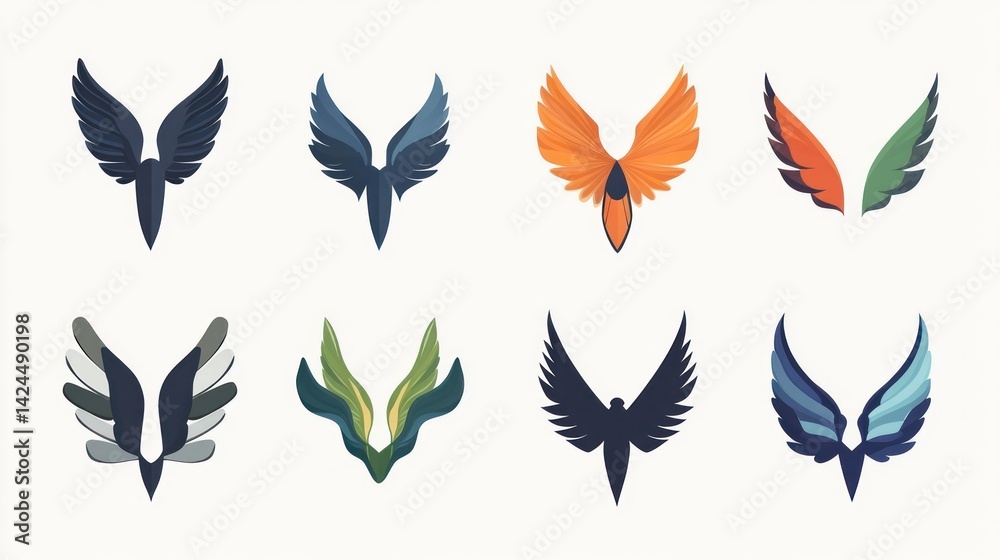Colorful bird wing icons; design elements; white background; graphic design resource Colorful bird wing icons; design elements; white background; graphic design resource