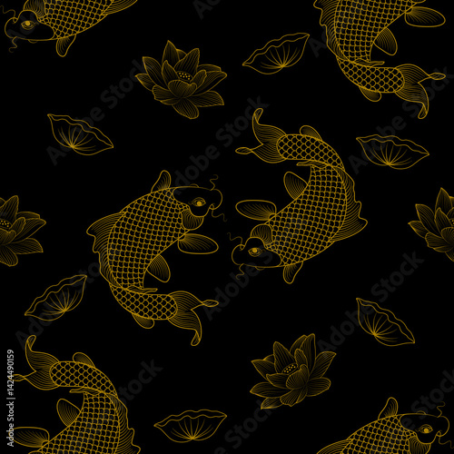 Luxurious golden carp and lotus pattern, line drawing on black background.